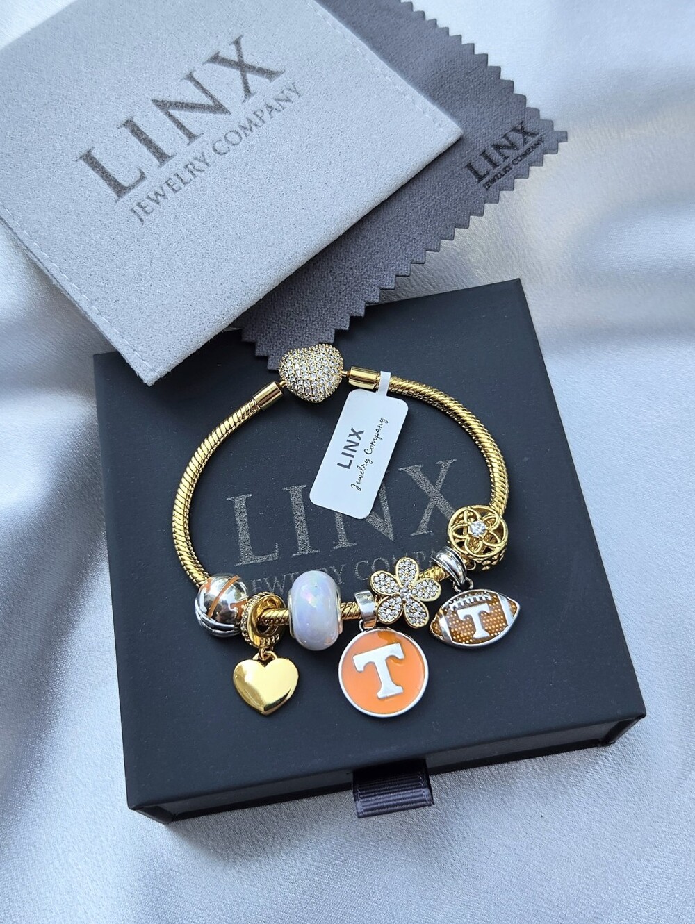 Linx Gold Snake Chain Bracelet With Tennessee Football Themed Charms